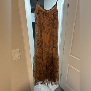 Anthropologie Camel Tulle Sequin Maxi Dress